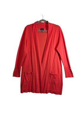 JM Collection Womens L Red Long Open Front Cardigan Pockets Gold Button Cuffs